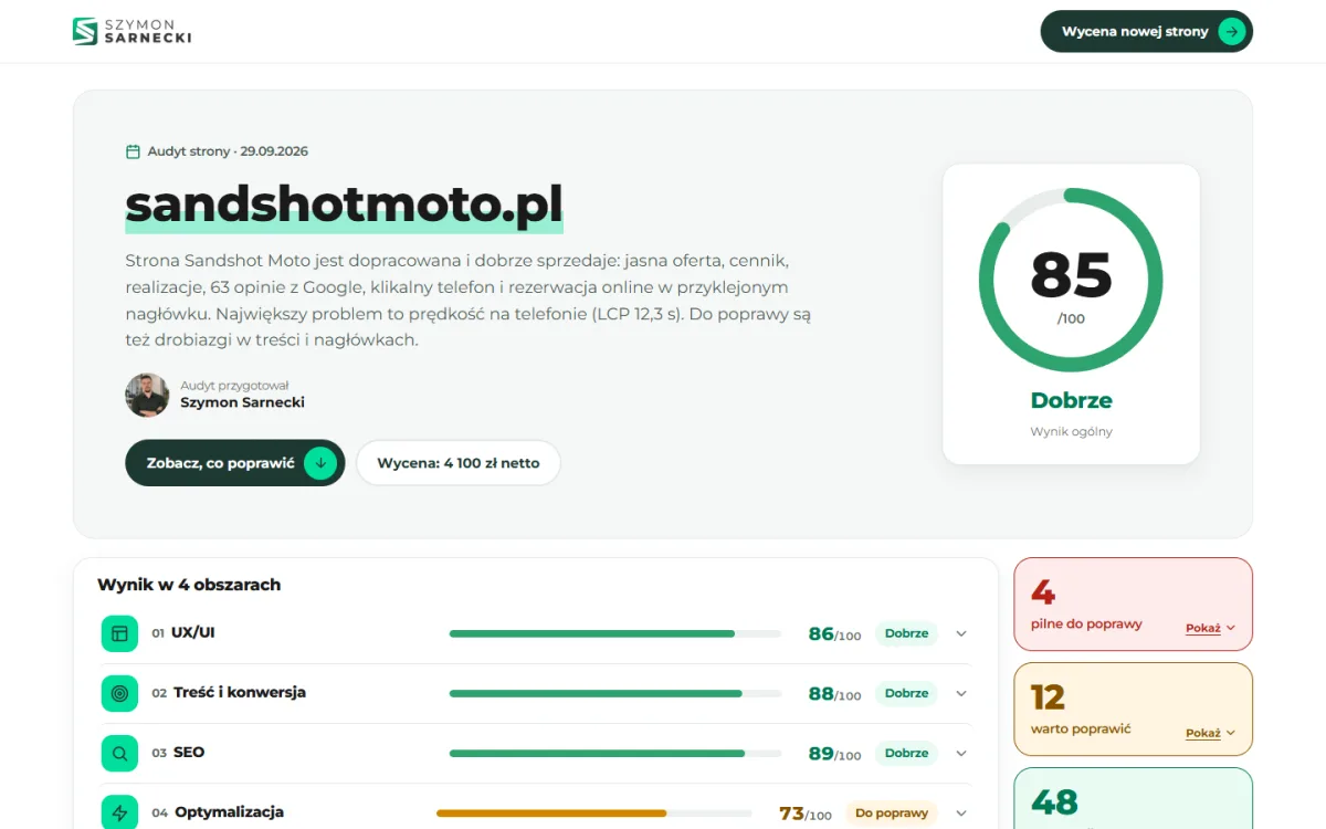 Przykładowy audyt strony sandshotmoto.pl na komputerze: wynik 85/100 i 4 obszary