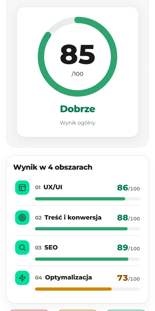 Przykładowy audyt na telefonie: wynik i 4 obszary