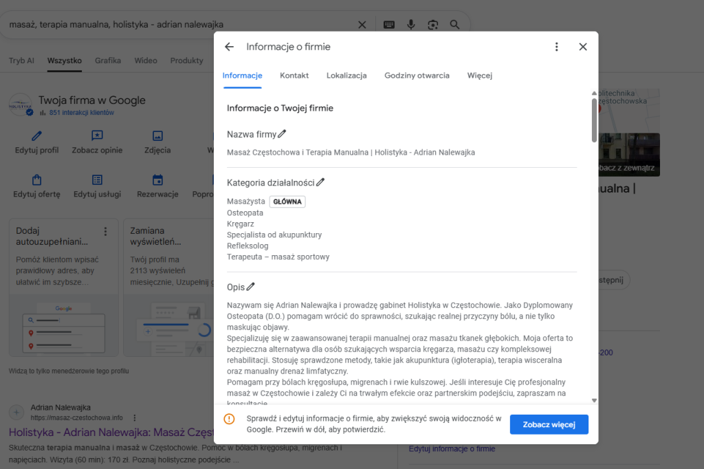 Uzupełniona wizytówka Google Moja Firma