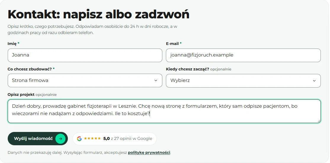 Formularz kontaktowy na szymonsarnecki.pl z przykładowym zapytaniem gabinetu fizjoterapii