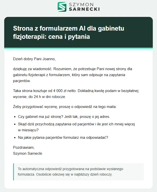 Automatyczny mail z ceną od 4 000 zł netto i pytaniami do wyceny