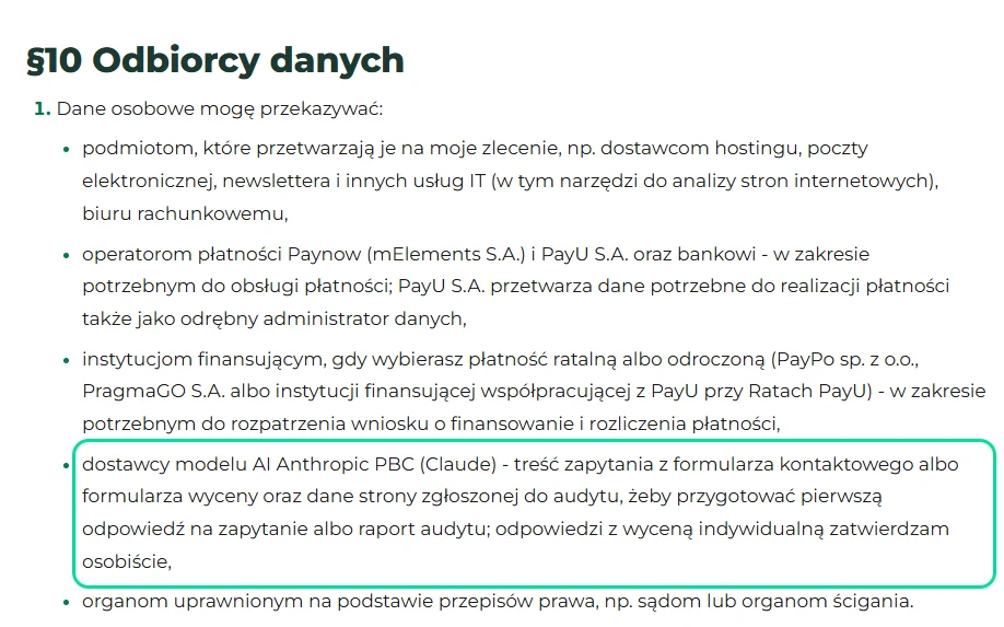 Polityka prywatności szymonsarnecki.pl: dostawca modelu AI jako odbiorca danych