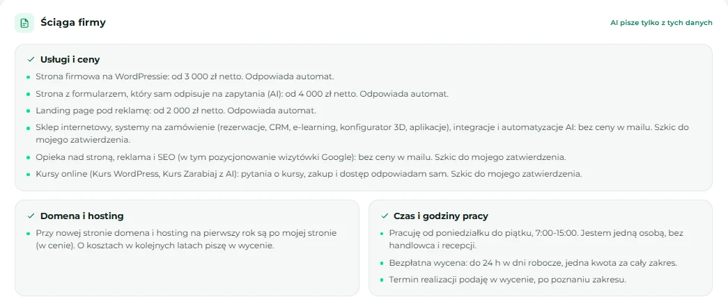 Ściąga firmy w CRM: usługi z cenami od, domena i hosting, godziny pracy
