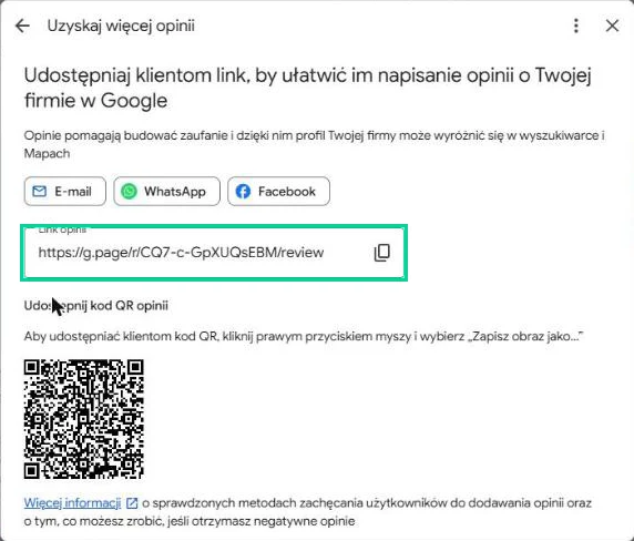 Okno Uzyskaj więcej opinii w Profilu Firmy z linkiem do opinii i kodem QR
