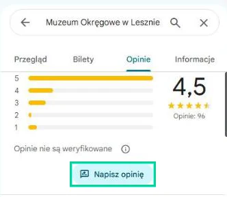 Zakładka Opinie w Mapach Google z przyciskiem Napisz opinię