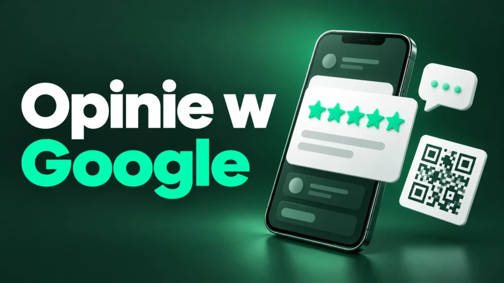 Opinie w Google - smartfon z oceną pięciu gwiazdek i kodem QR