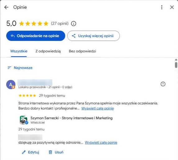 Lista opinii w Profilu Firmy z odpowiedzią właściciela