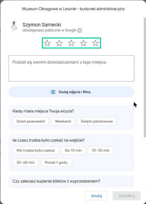 Okno dodawania opinii w Google: gwiazdki, pole tekstowe, dodawanie zdjęć i przycisk Opublikuj