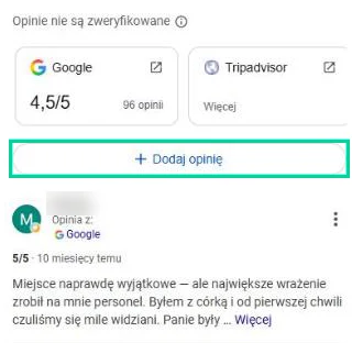 Panel firmy w wynikach Google z przyciskiem Dodaj opinię