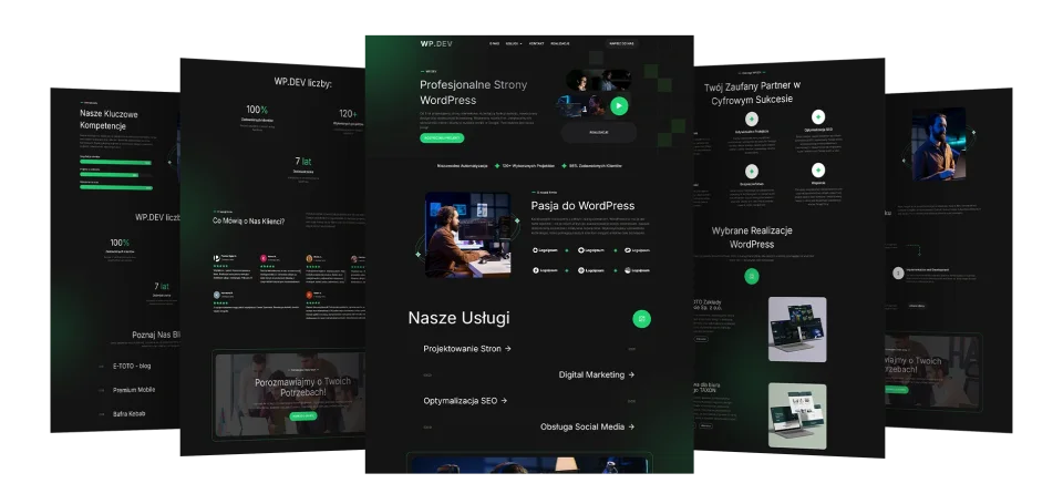 Strona WP.DEV zbudowana w Kursie WordPress: strona główna i podstrony na kilku ekranach