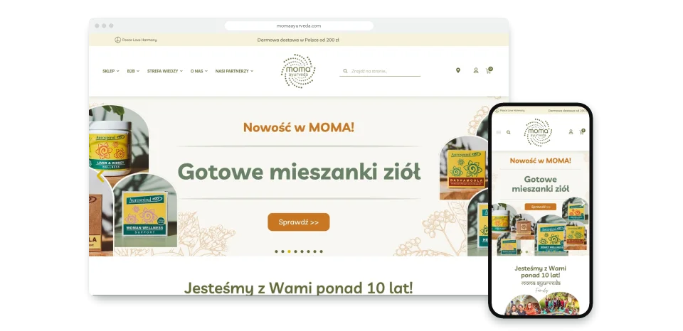 Sklep MomaAyurveda na komputerze i telefonie: zioła i produkty ajurwedyjskie
