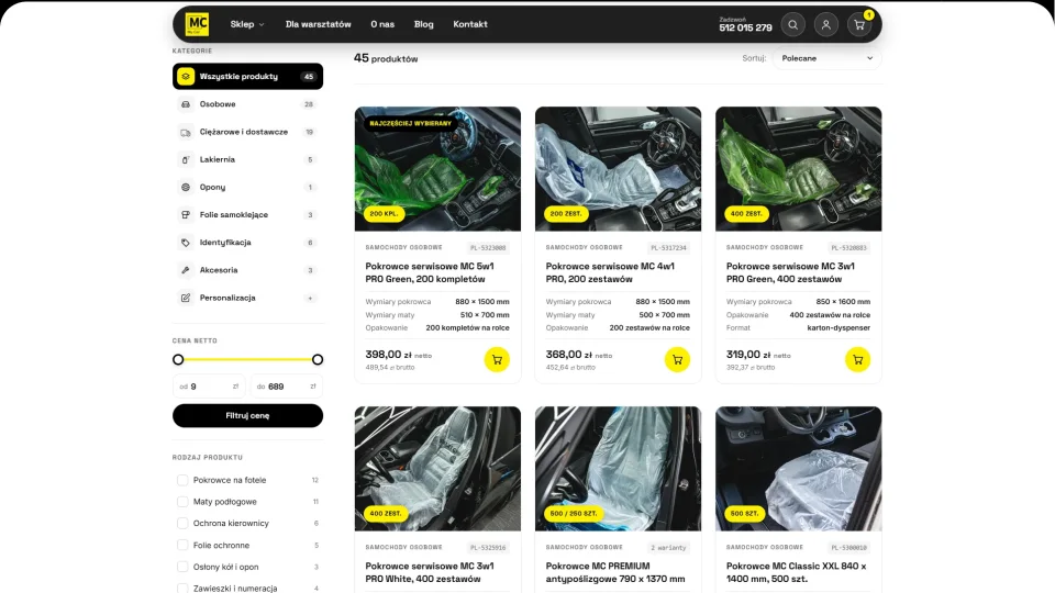 Katalog sklepu My Car: kategorie z licznikami, filtr ceny netto i karty produktów z wymiarami