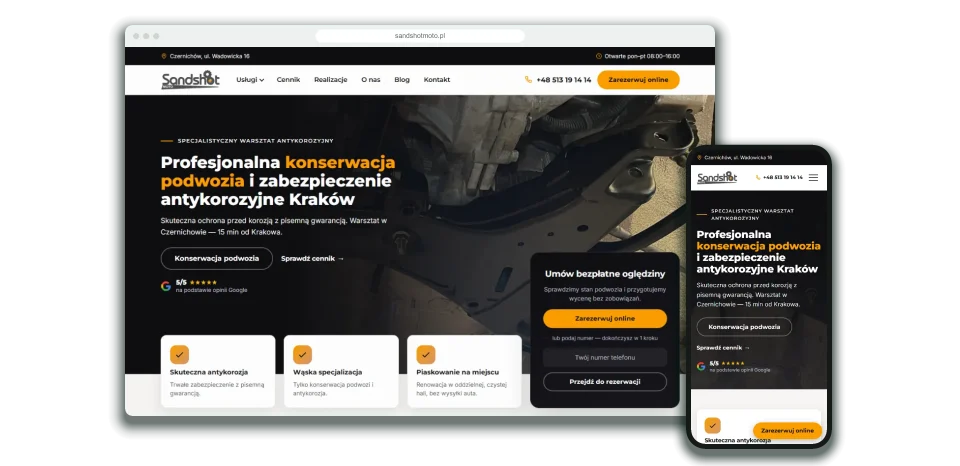 Strona Sandshot Moto z przyciskiem rezerwacji online, na komputerze i telefonie