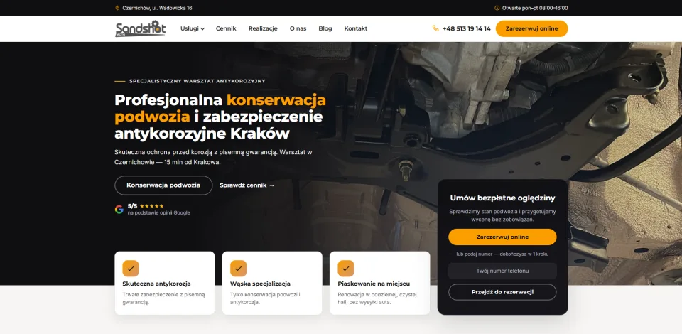 Strona Sandshot Moto: oferta, telefon i rezerwacja online na pierwszym ekranie