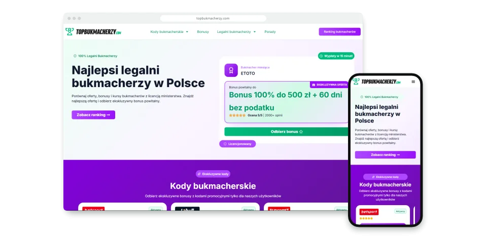 Serwis TopBukmacherzy na komputerze i telefonie: ranking legalnych bukmacherów
