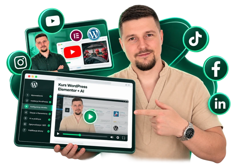 Szymon Sarnecki pokazuje na tablecie swój kurs WordPress, Elementor i AI